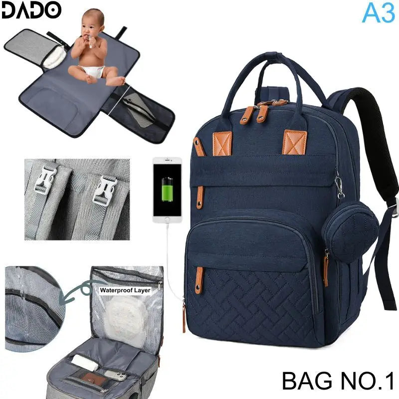 Navy blue backpack with baby changing pad and USB port, featuring DADO brand.