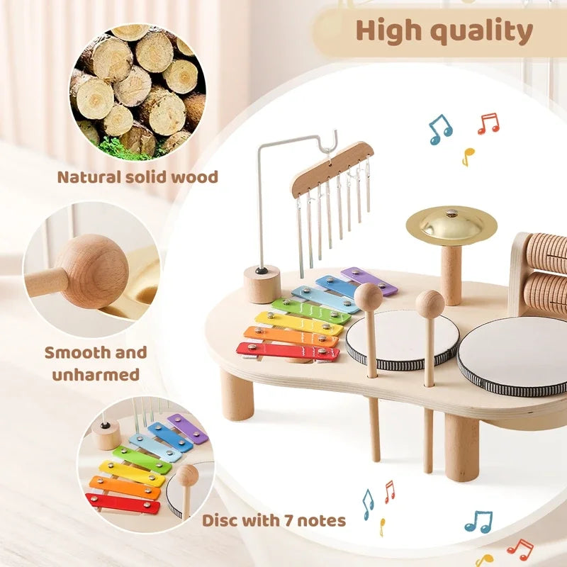 Set of wooden musical instruments with close-ups on natural wood, smooth finish, and disc with notes.