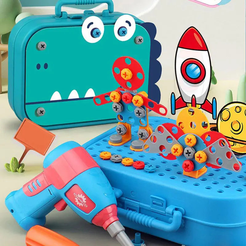 Toy construction set with tools and rocket model on a light background