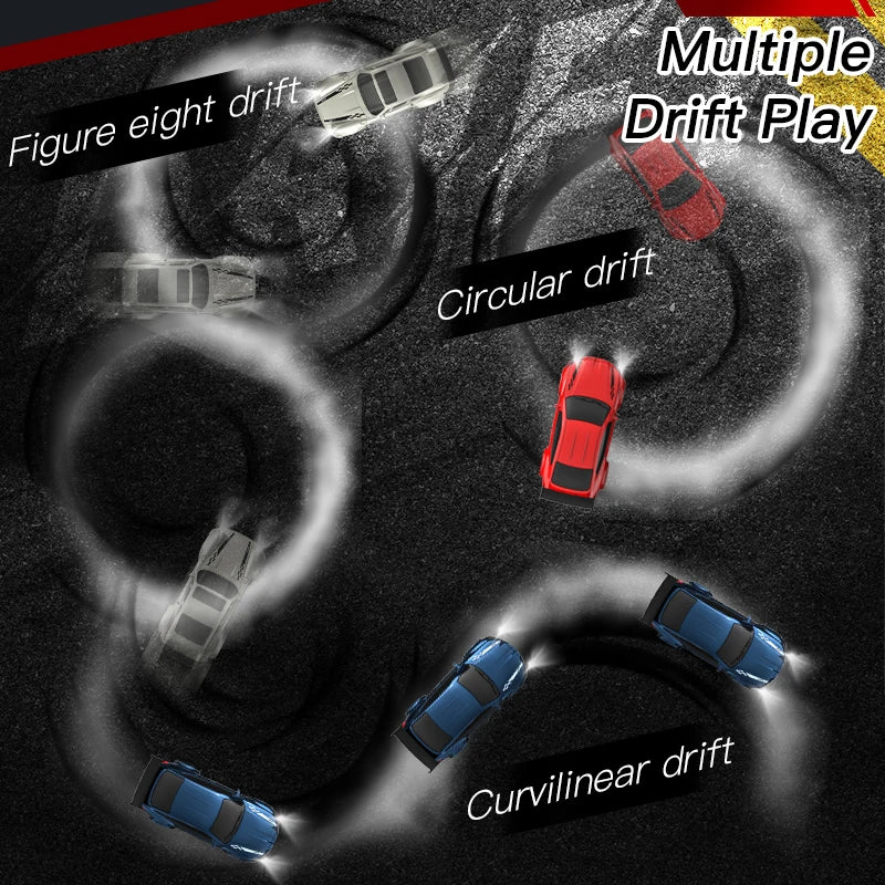 Diagram of cars performing different drift maneuvers on a track with labels.