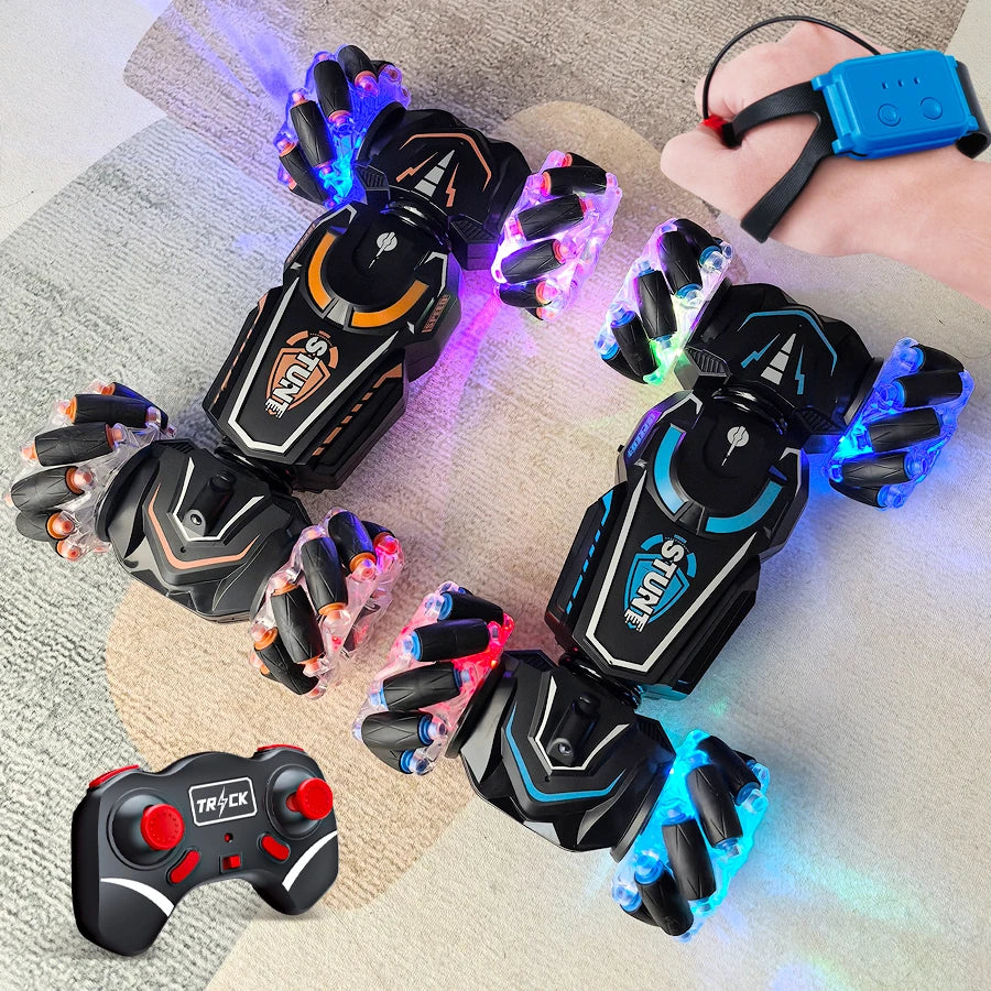 Toy robot with LED lights on a textured surface, accompanied by a remote control.