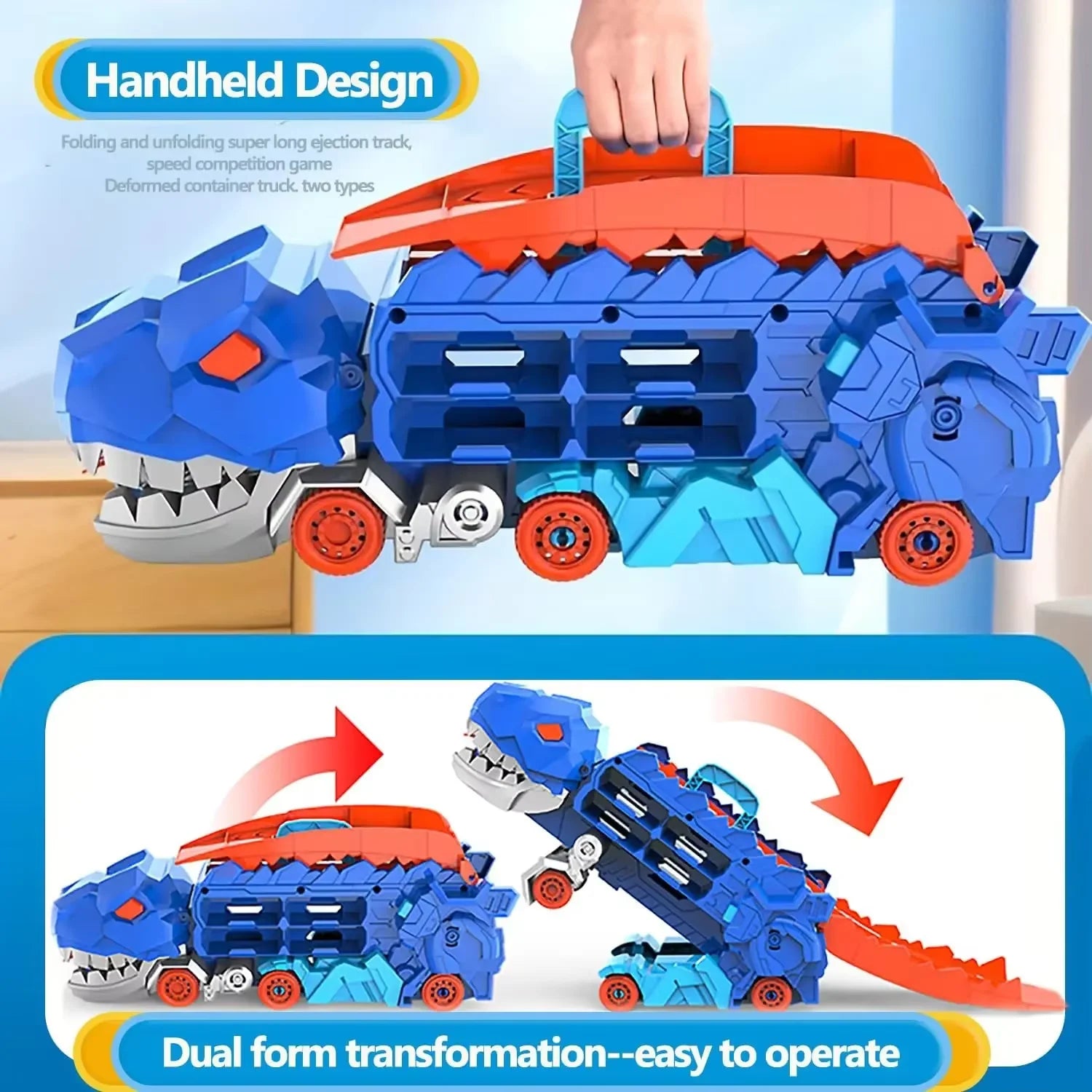 Toy vehicle with dinosaur design, showing transformation feature, on a light blue background.