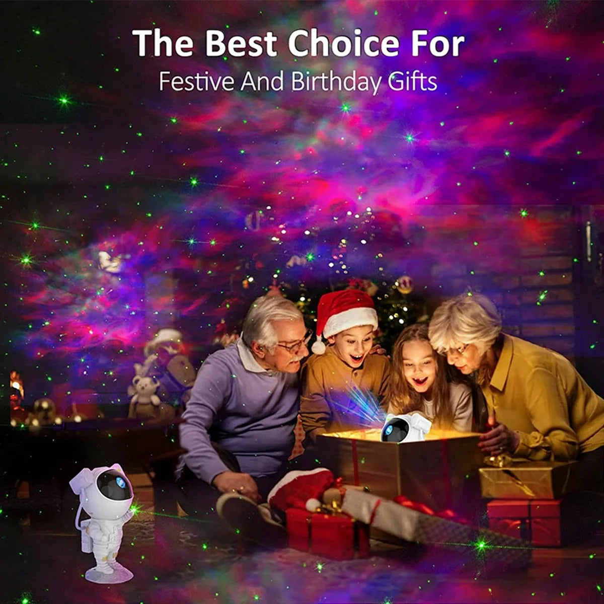 Family gathered around a glowing device with colorful starry light display, suitable for festive and birthday gifts.
