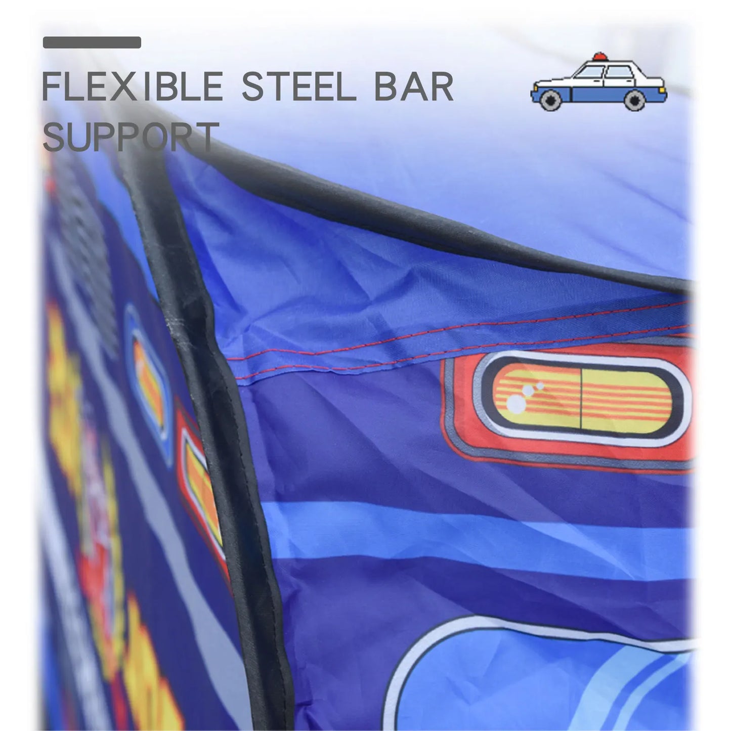 Blue car-shaped inflatable structure with a flexible steel bar support feature.