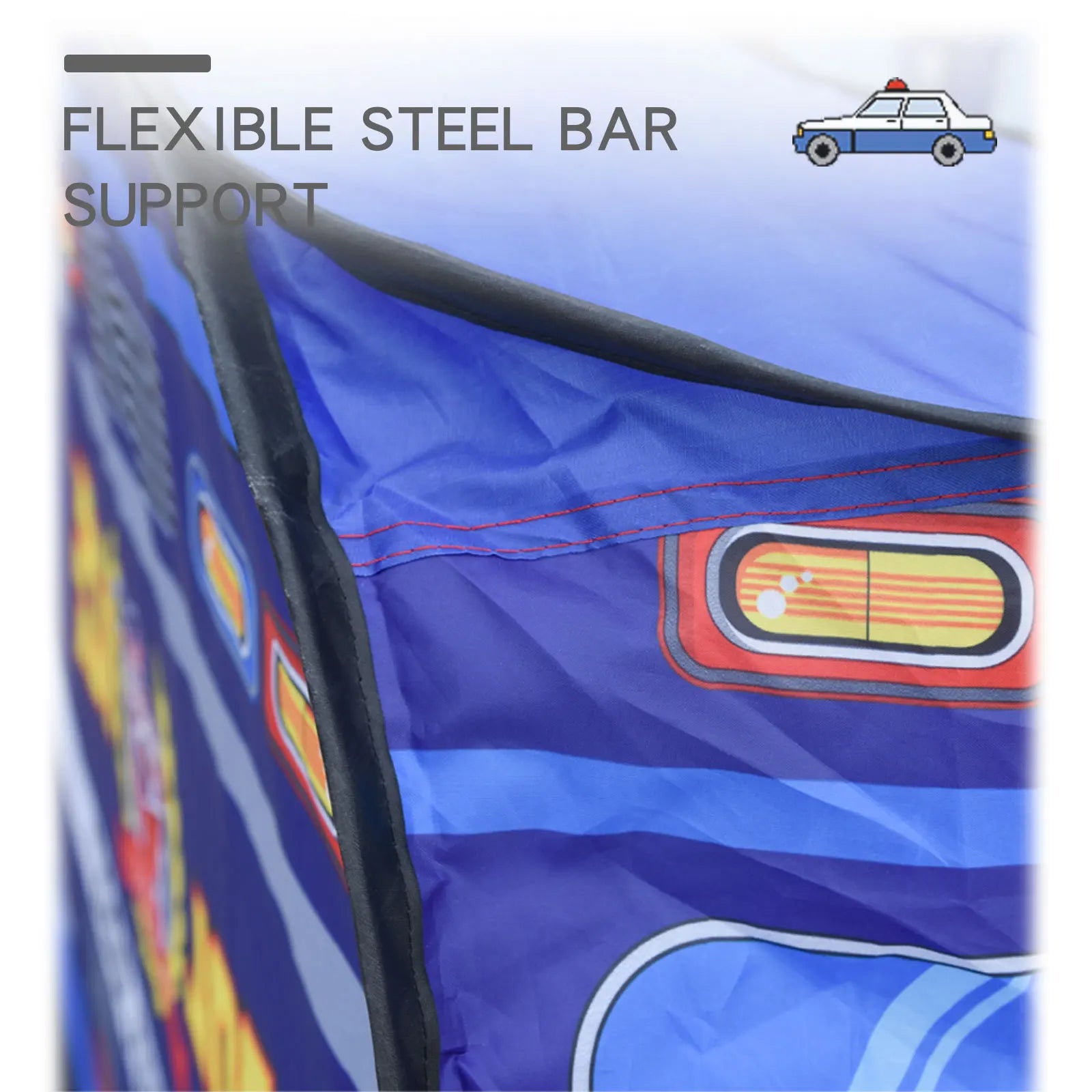 Blue car-shaped inflatable structure with a flexible steel bar support feature.