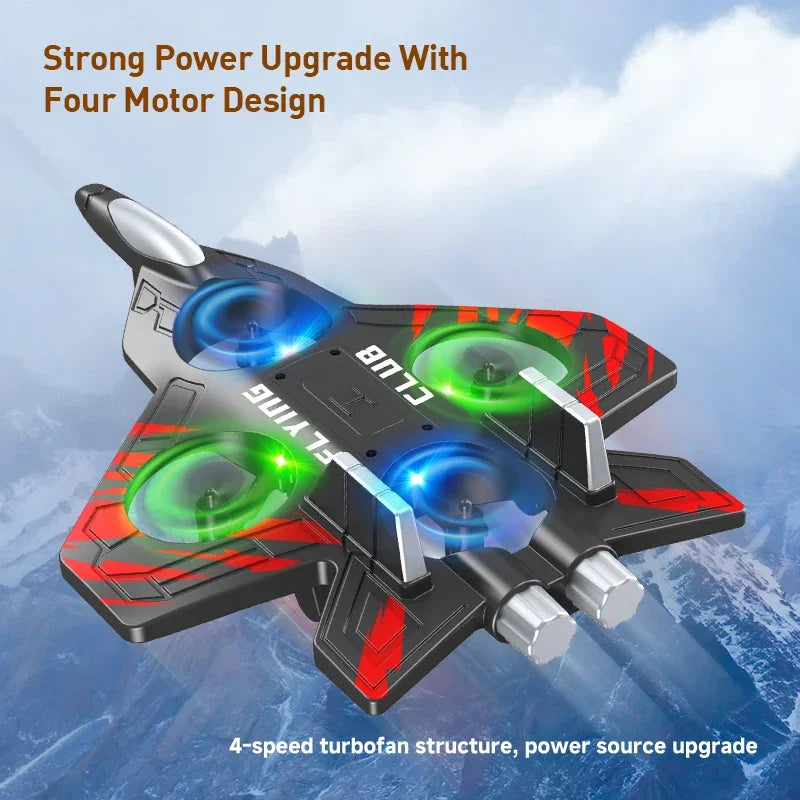Toy drone with four motors and colorful lights against a cloudy sky background