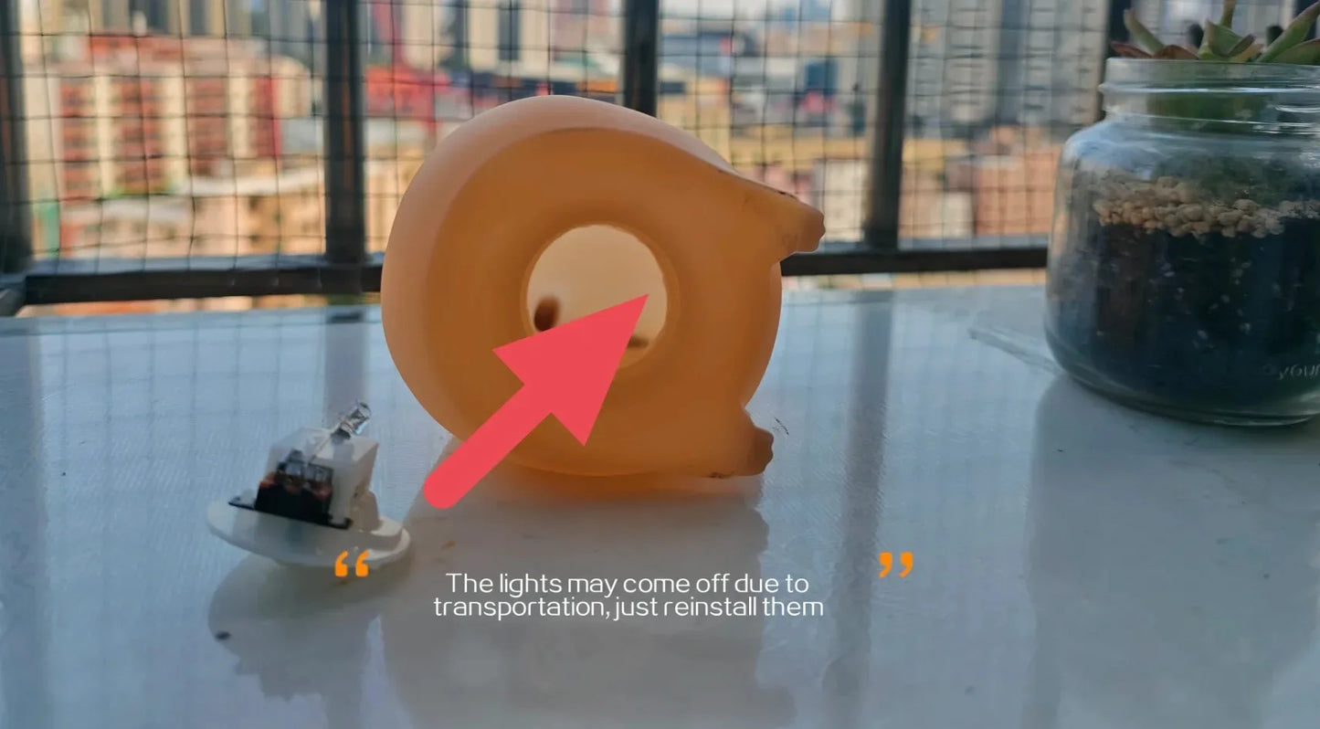 Decorative light fixture on a table with an arrow pointing to it, and text indicating lights may be off due to transportation.