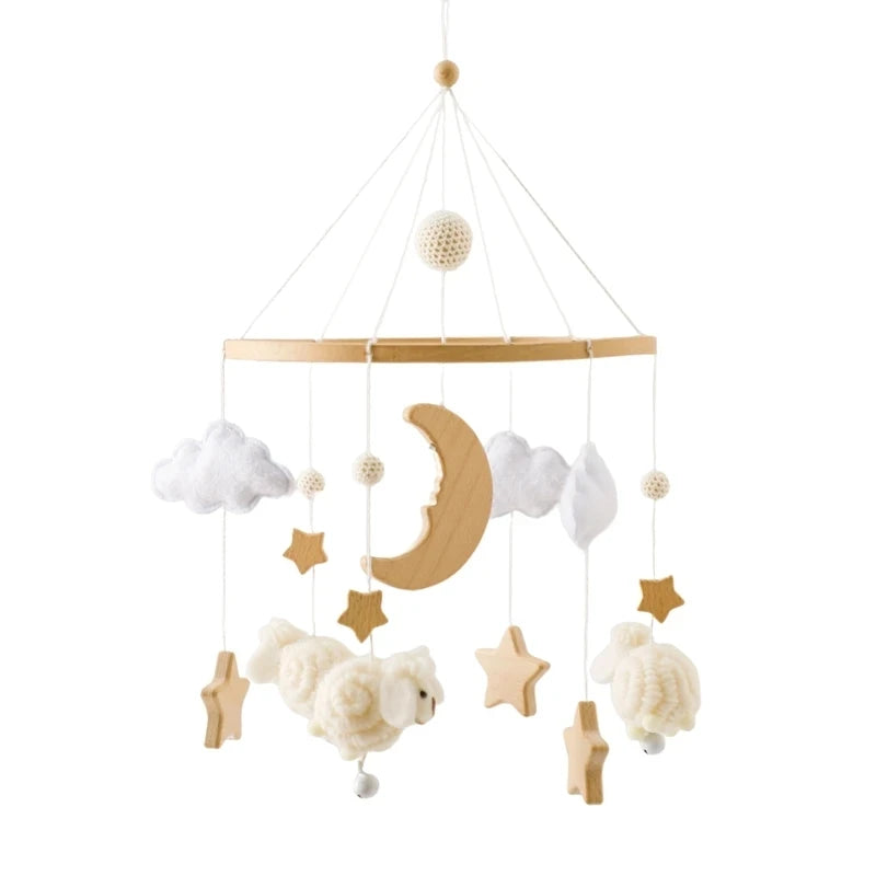 wood and felt Baby crib mobile with clouds, moon, stars, and fluffy animals.
