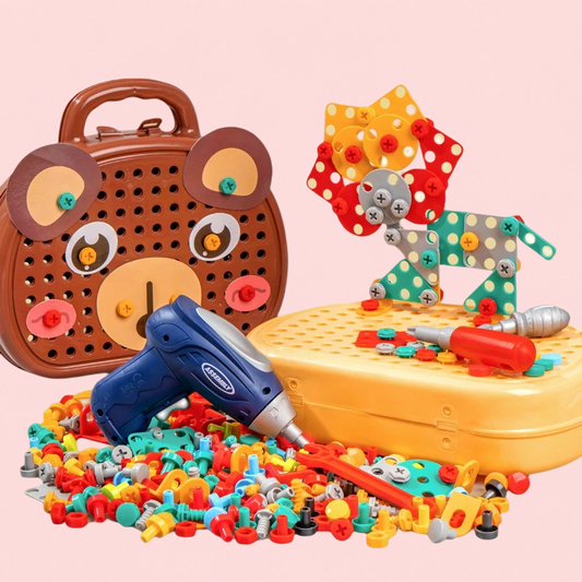 Toy tool set with colorful diy engineering tools and a brown tool box on a pink background