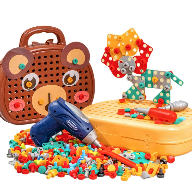 Toy diy engineering tool set with colorful tools and a brown owl-shaped toolbox on a white background