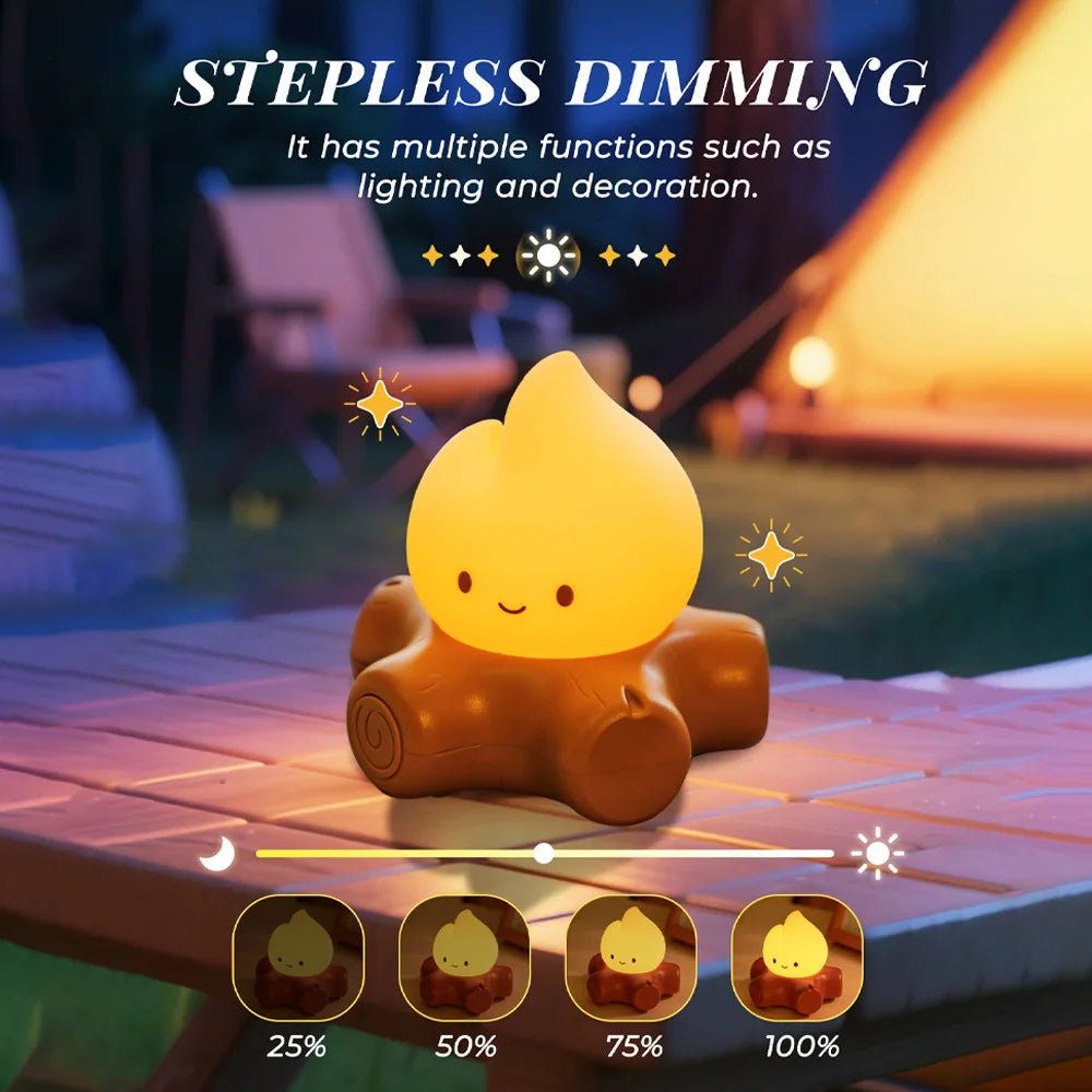 Cute lamp with stepless dimming feature on a wooden surface with a blurred camping background.