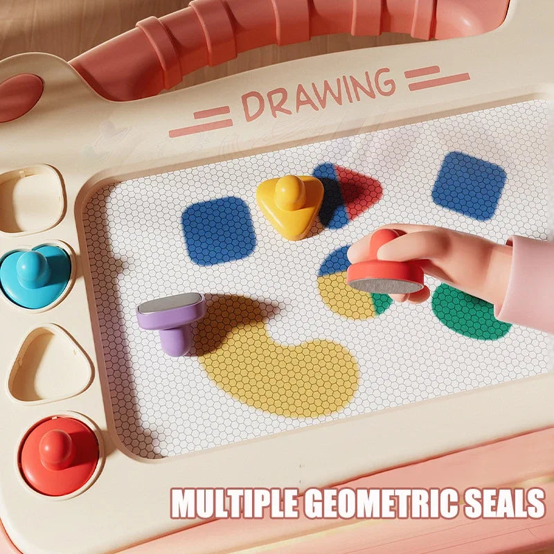 Child using a colorful drawing board with markers