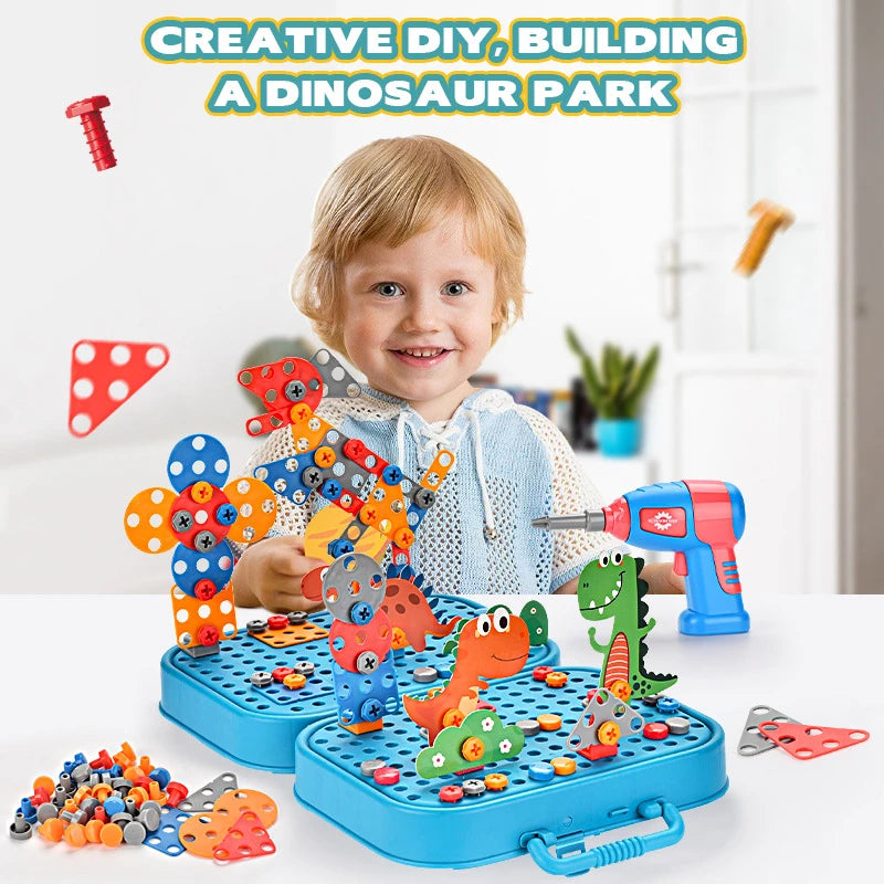 Child playing creative diy with a dinosaur building set on a white background