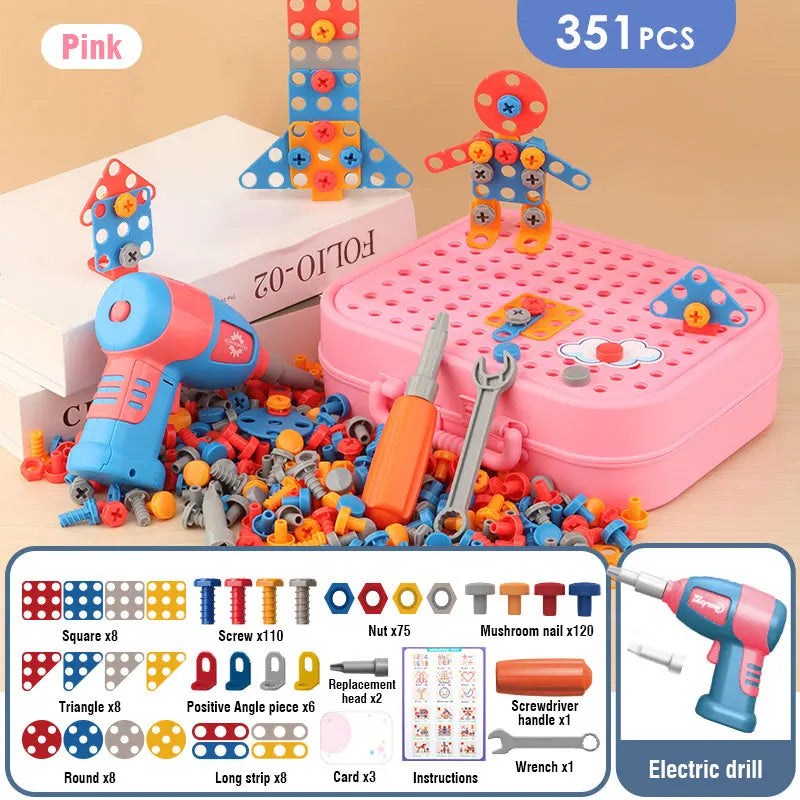 Children's toy diy engineering set with tools and components on a pink base