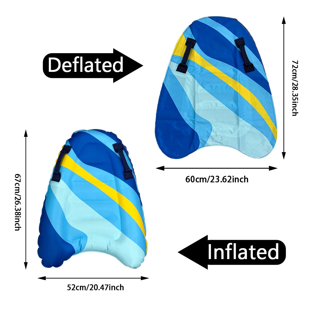 Inflatable bodyboard blue and yellow wing with deflated and inflated states, showing dimensions.