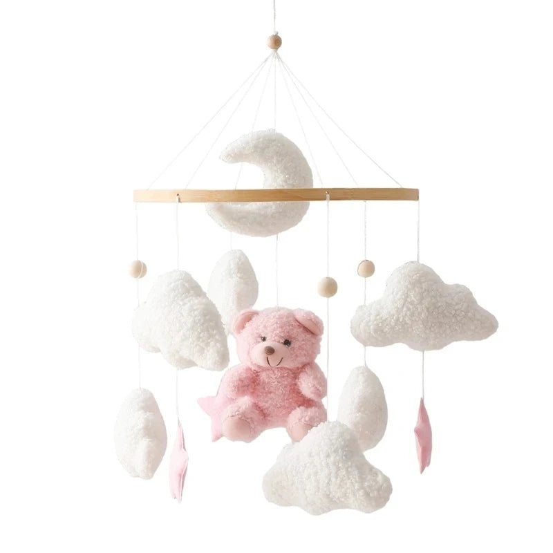 Felt Baby crib mobile with pink teddy bear and white clouds