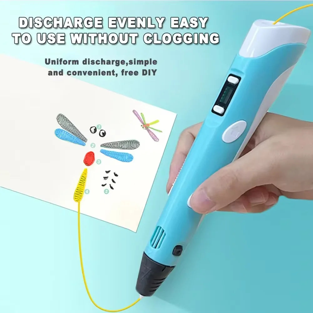 Blue 3D printing pen held by a hand with text about its ease of use and features
