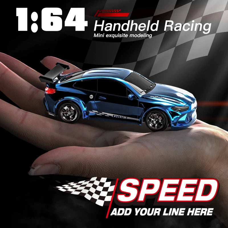 Blue toy car held in a hand with '1:64 Handheld Racing' text and checkered flag design.