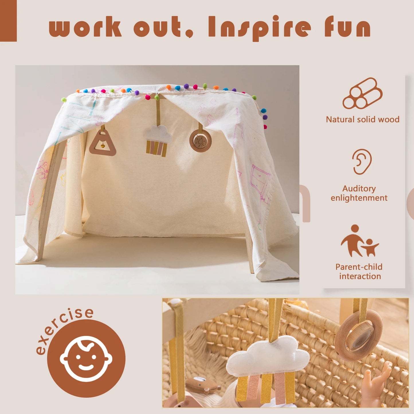 Children's play tent with wooden toys on a light background, featuring text about benefits.