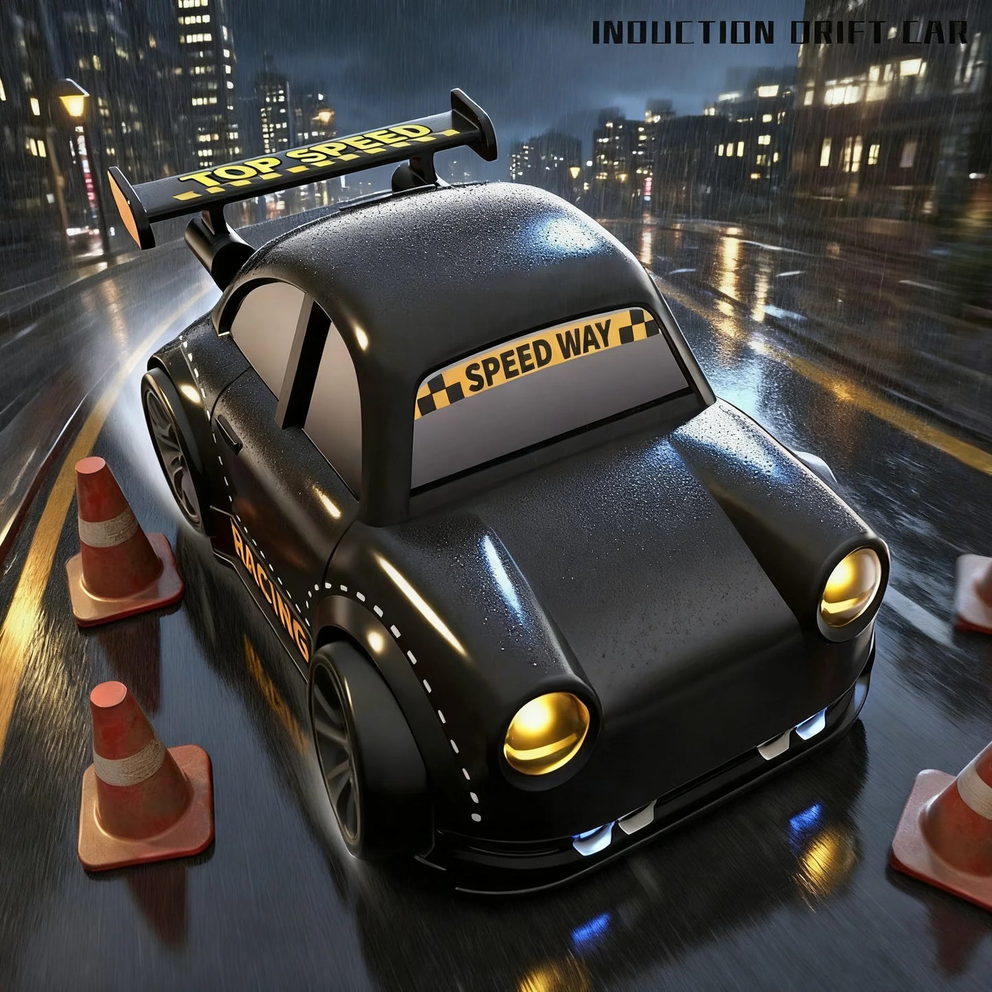 Black race car on a wet city street with traffic cones and illuminated buildings in the background.