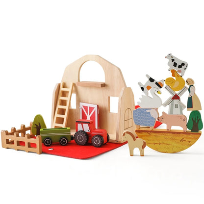 Wooden Farm Scene Toy Set – Montessori Stacking Blocks, Threading Beads, Animal Cognition & Shape Pairing Toys for Toddlers | Baby Educational Gift & Nursery Decor