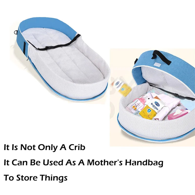 Multifunctional baby crib with storage space for mother's handbag on a white background