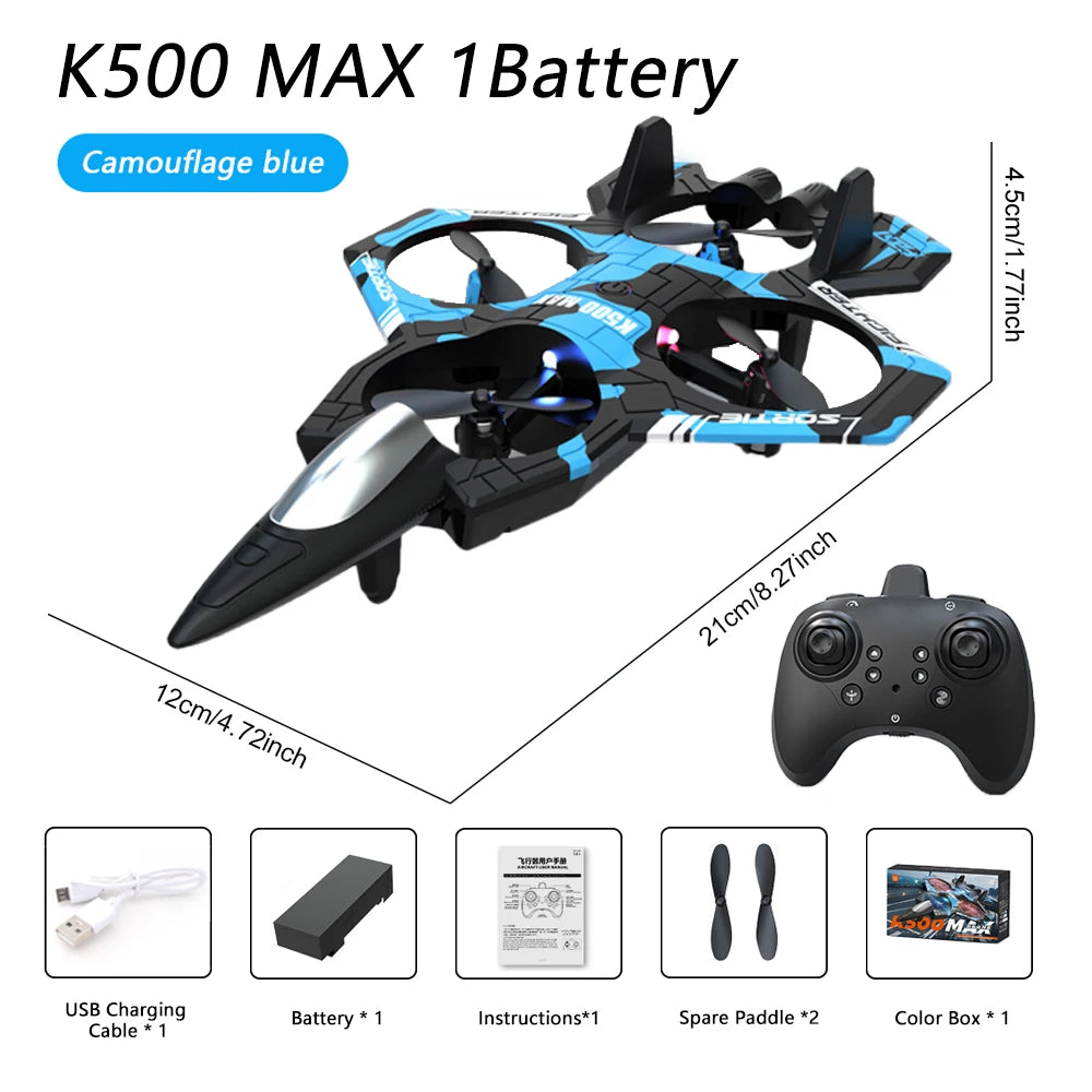 K500 MAX drone with camouflage blue design, remote control, and accessories.