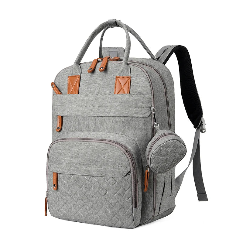 Gray backpack with brown accents on a white background