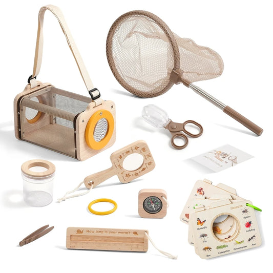 Outdoor Adventure Kit for Kids – 8PCS Nature Exploration Tools with Bug Net, Insect Cage, Wooden Leaf Frame, Magnifying Glass & Compass