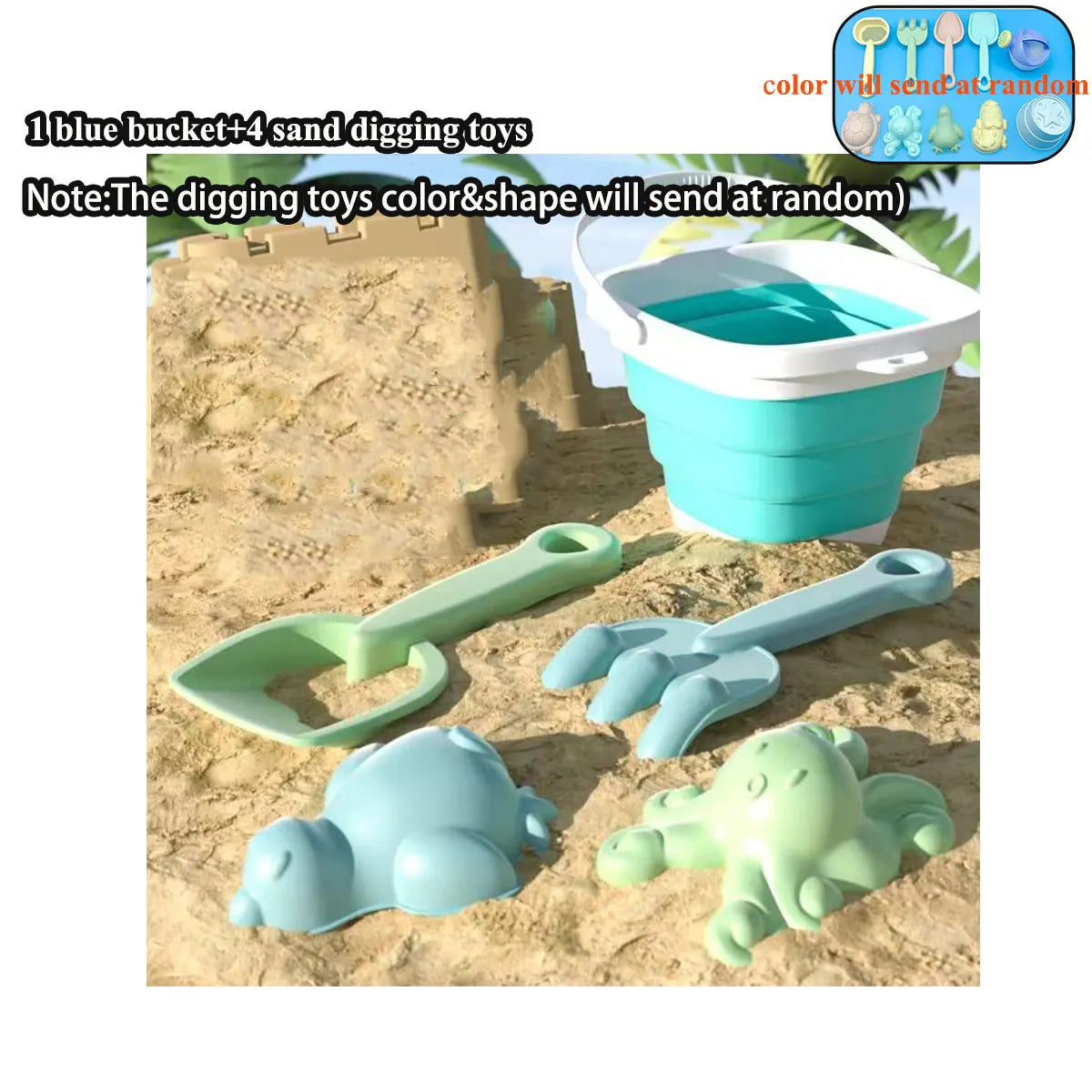 Blue sand bucket and digging toys on a sandy surface with text indicating color randomness.