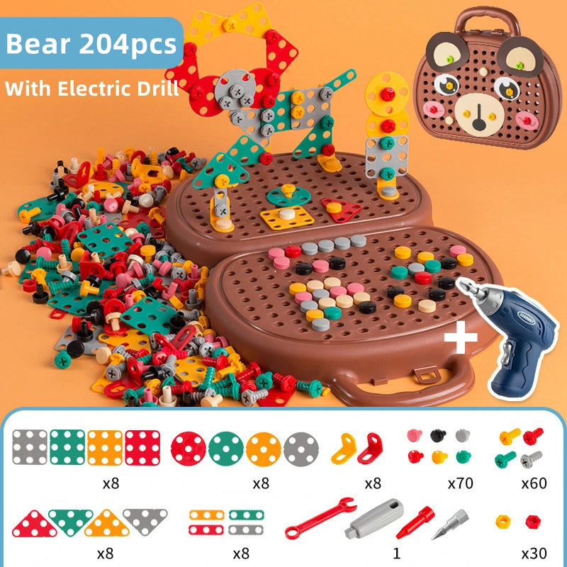 Colorful building block set with electric drill on an orange background