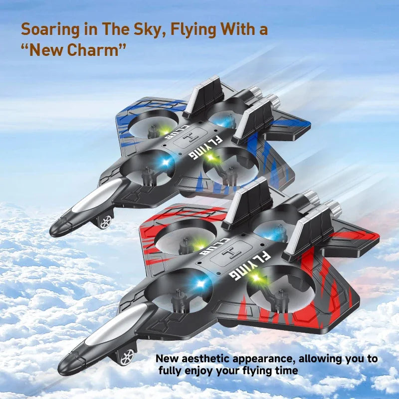 Two toy drones flying in the sky with promotional text about a 'new charm' and 'new aesthetic appearance'.