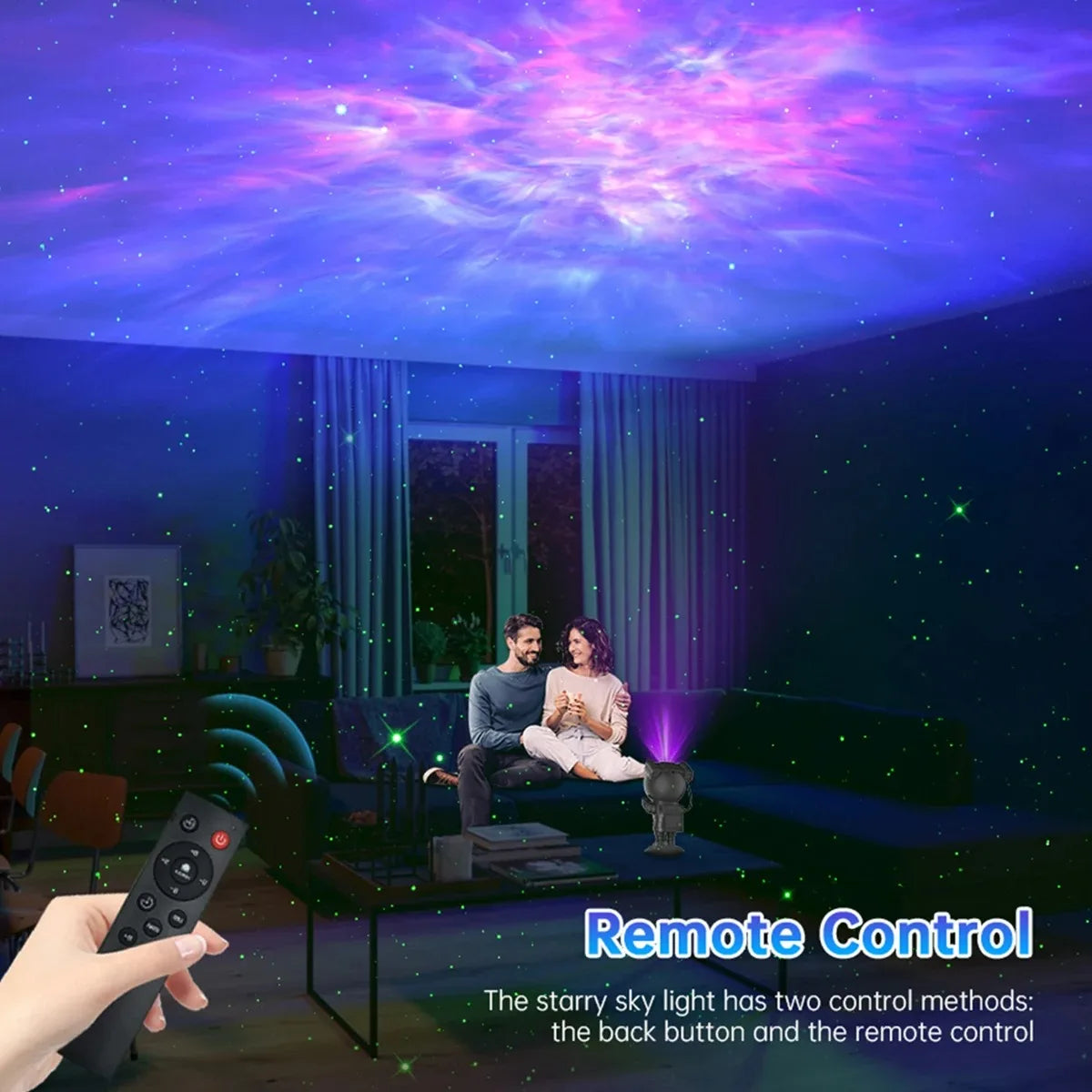 Living room with starry sky light projection and remote control