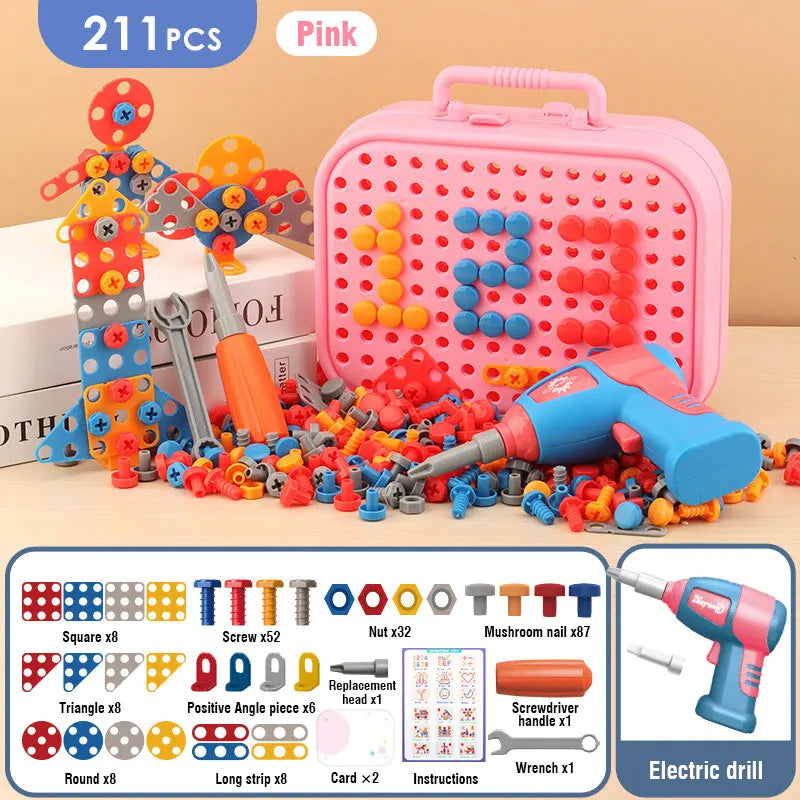 Children's toy construction set with tools and pink storage case on a wooden surface.
