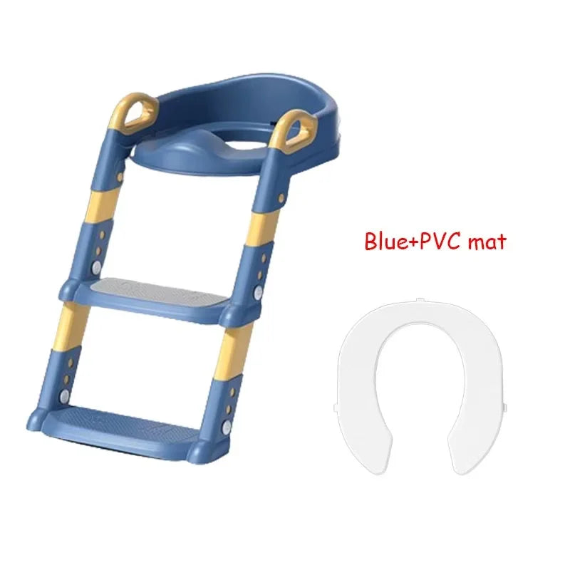 Blue and yelflow potty Training step stool with a white mat for the Toilet/Bathroom for Kids