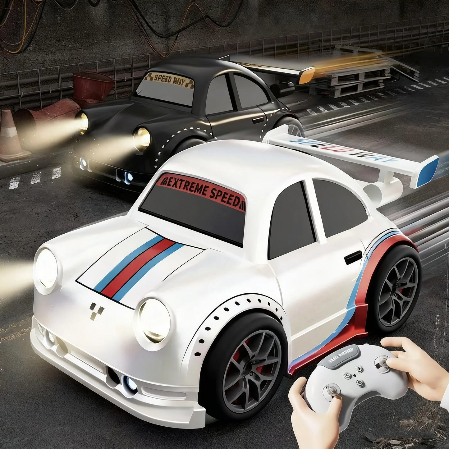 Toy race car with remote control on a track, featuring 'Extreme Speed' text.