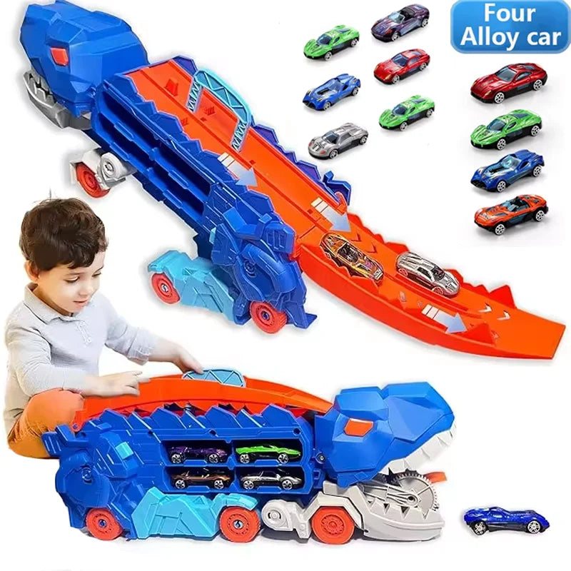 Toy car carrier with cars on a white background