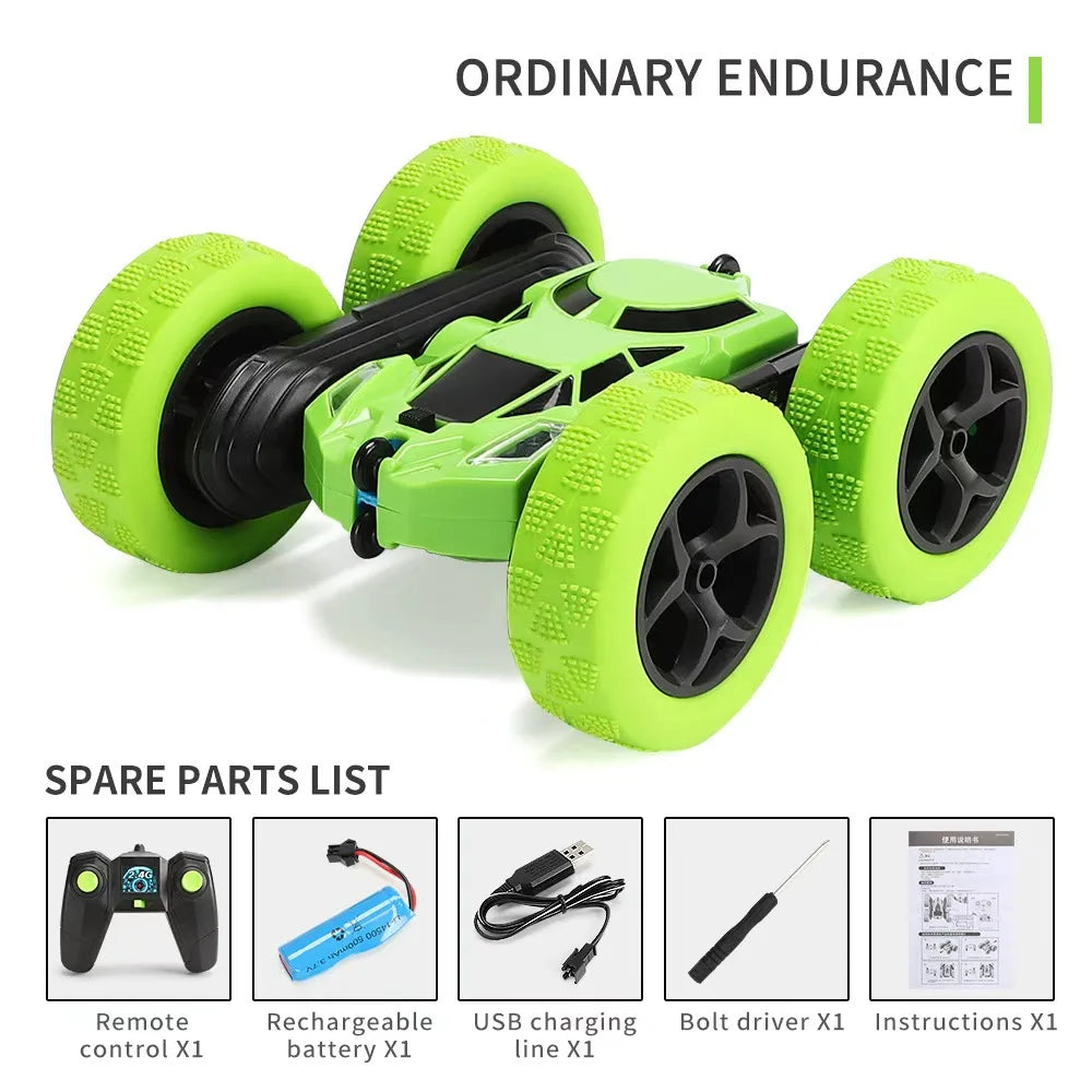 Green remote control car with spare parts list on a white background