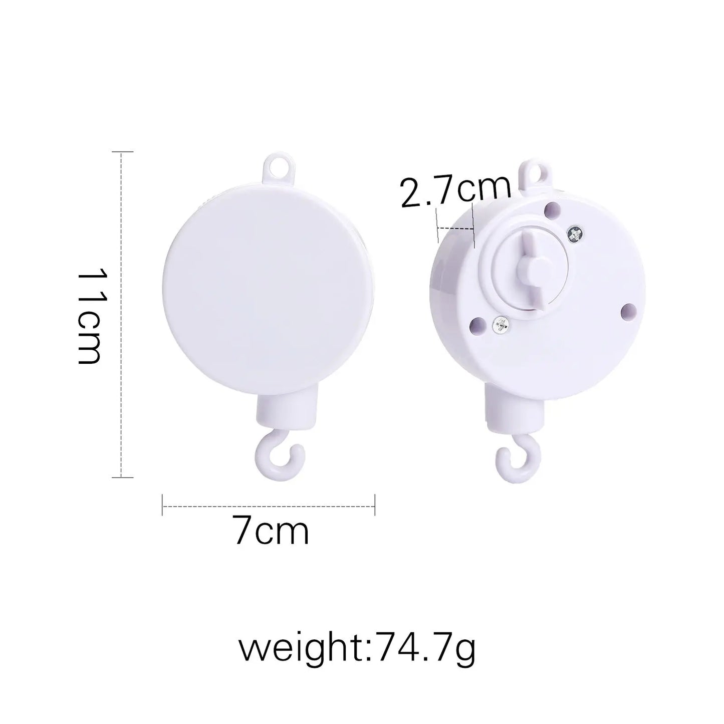 White plastic crib baby mobile hook with music, rhymes and weight displayed on a white background
