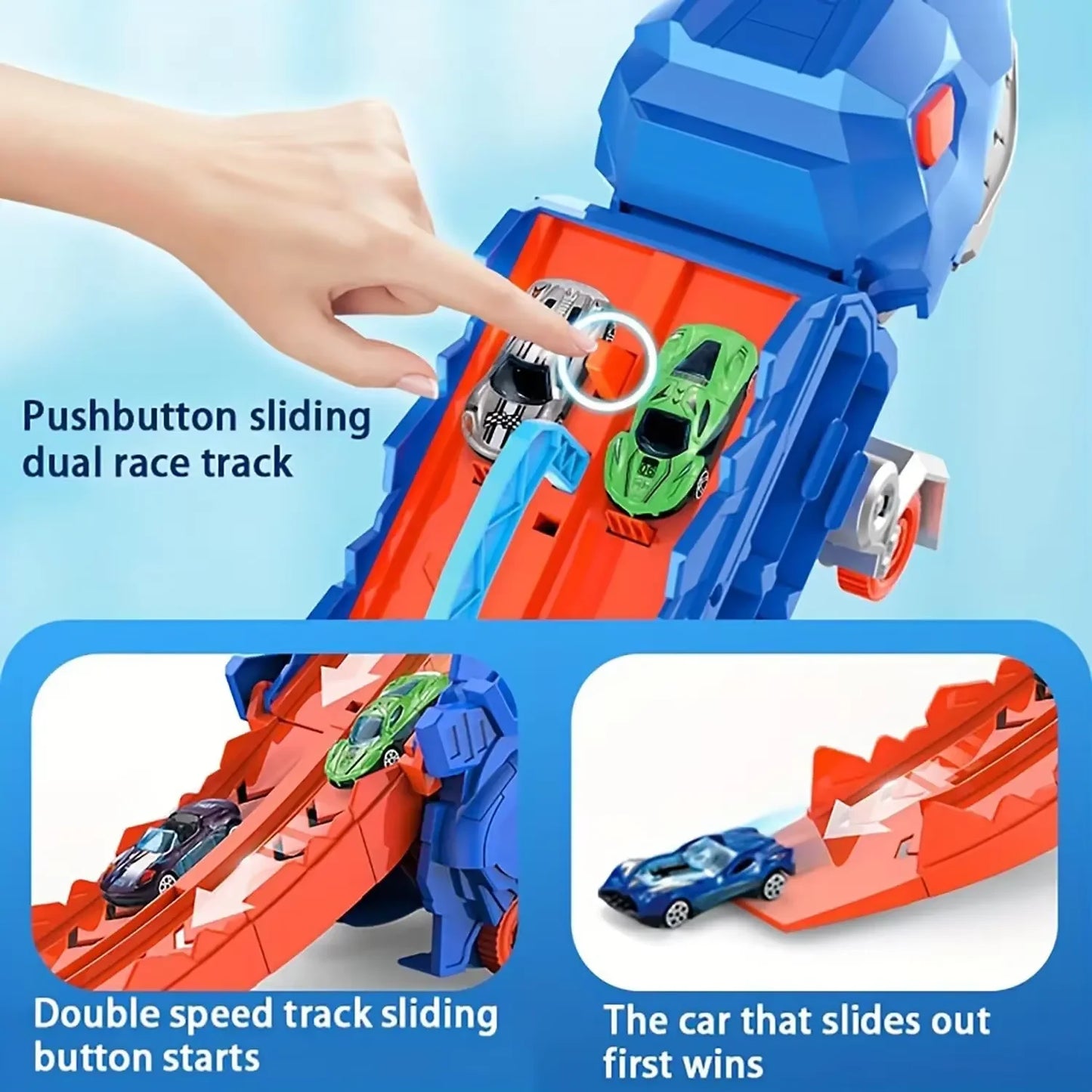Toy race track set with cars and pushbutton sliding feature on a blue background