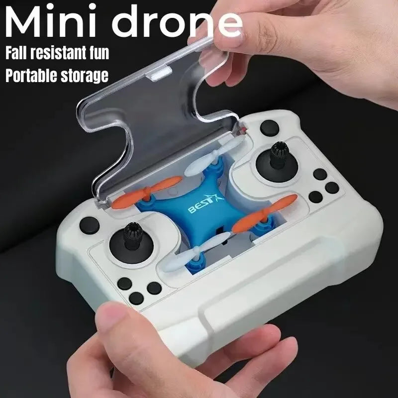 Mini drone with controller in portable case, labeled 'Mini drone' and 'Fall resistant fun Portable storage'.