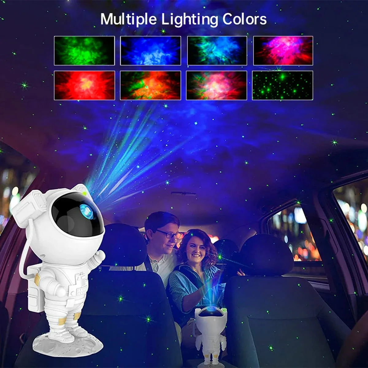 Car interior with an astronaut-themed light projector displaying colorful lights.