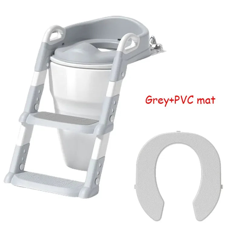 Grey and White potty Training step stool with a white mat for the Toilet/Bathroom for Kids