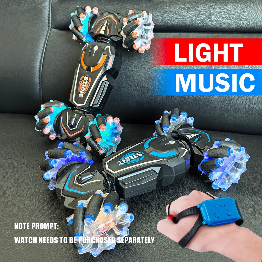 Toy robot with LED lights on a black surface, featuring text 'Light Music' and a hand wearing a blue device.