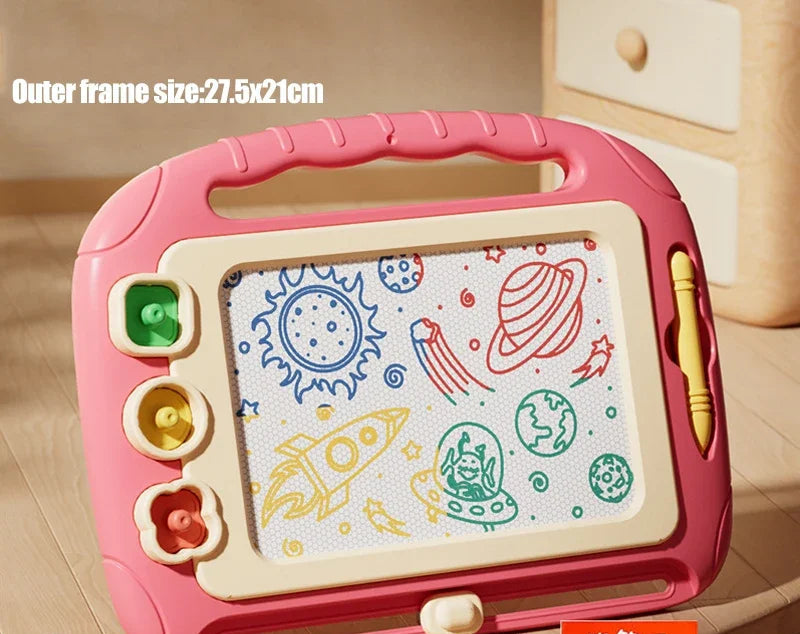 Children's drawing board with pink frame and colorful drawings.