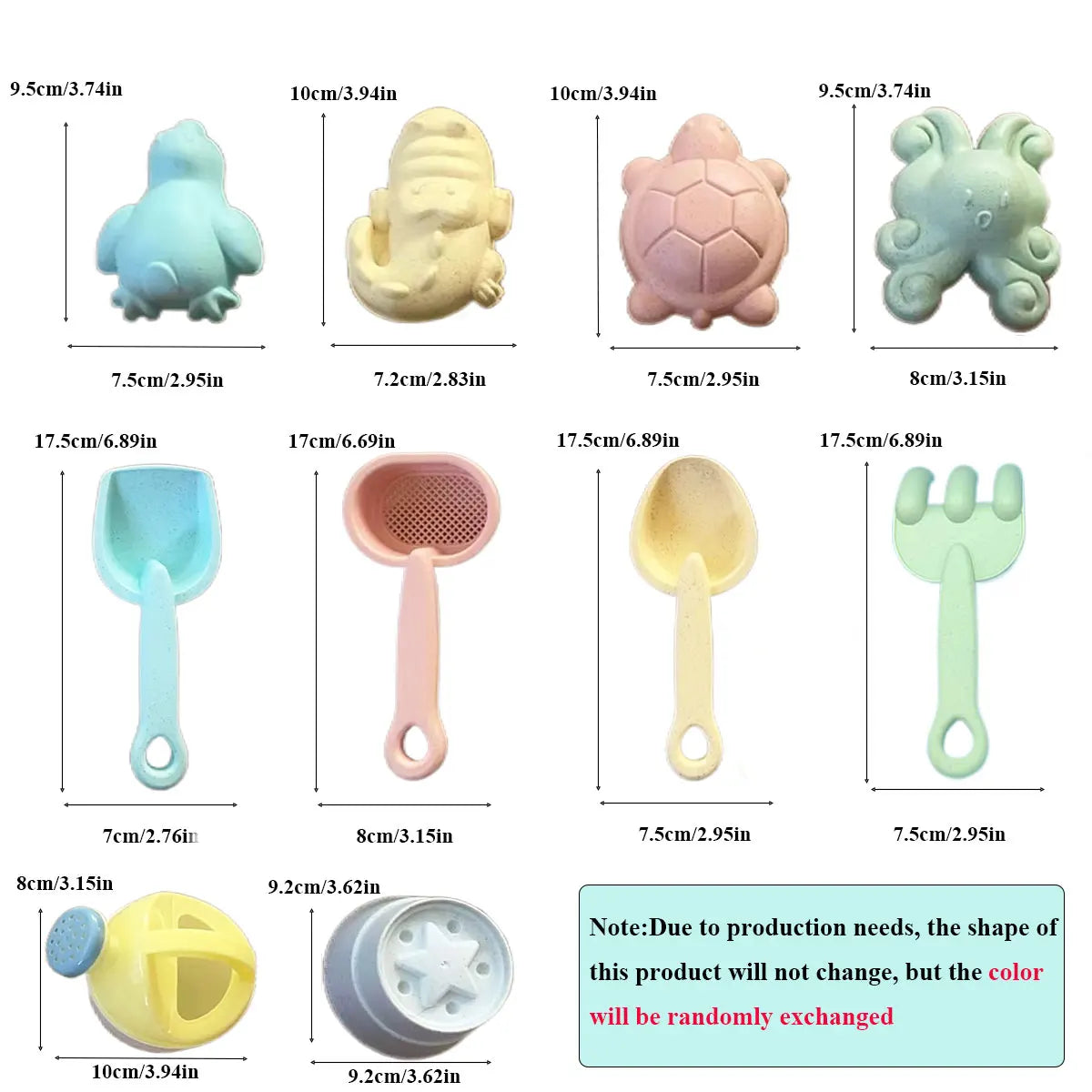 Set of colorful bath toys with measurements and a note about color randomness.
