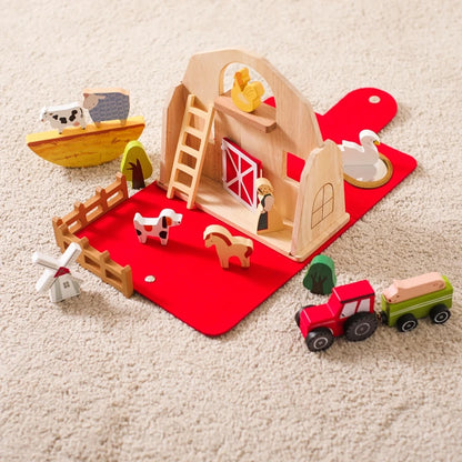 Wooden Farm Scene Toy Set – Montessori Stacking Blocks, Threading Beads, Animal Cognition & Shape Pairing Toys for Toddlers | Baby Educational Gift & Nursery Decor