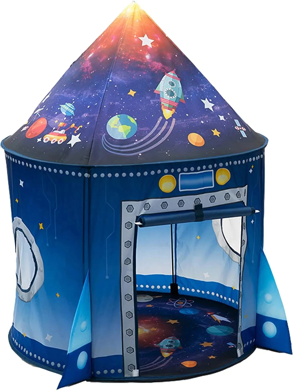 Space-themed children's play tent with rocket design on a white background