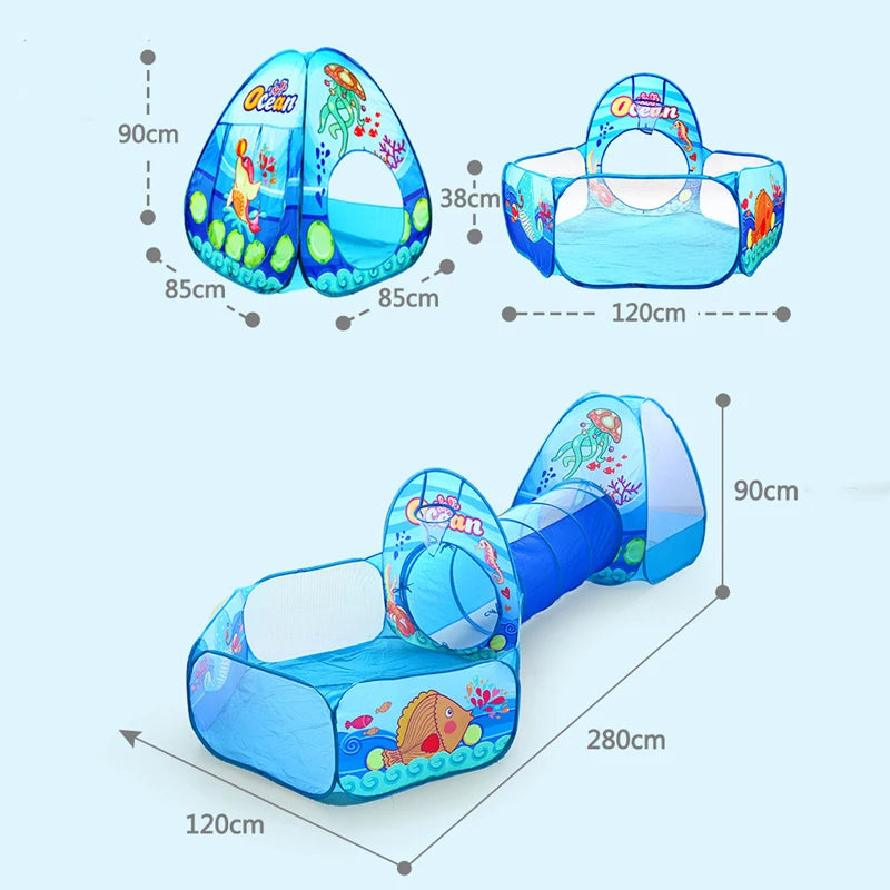 Children's inflatable playpen with ocean design and measurements on a light blue background