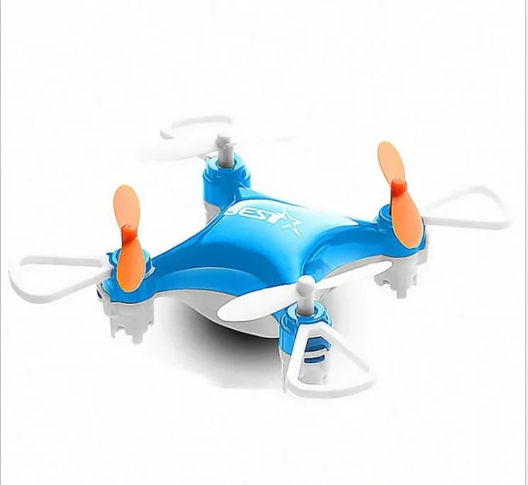 Small blue and white drone with orange propellers on a white background
